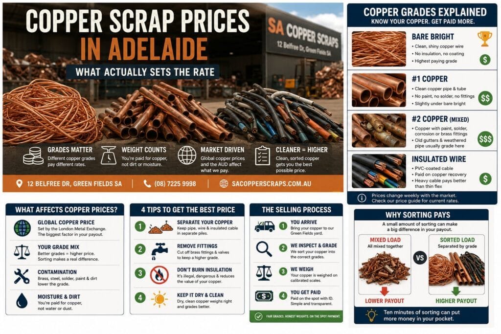 Scrap copper weighed on calibrated scales at an Adelaide scrap metal yard