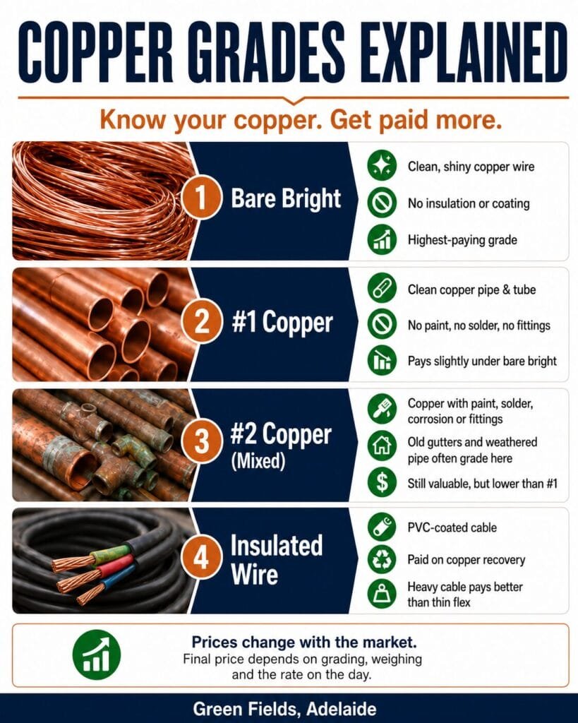 Copper grades explained with bare bright copper, number one copper, mixed copper and insulated wire