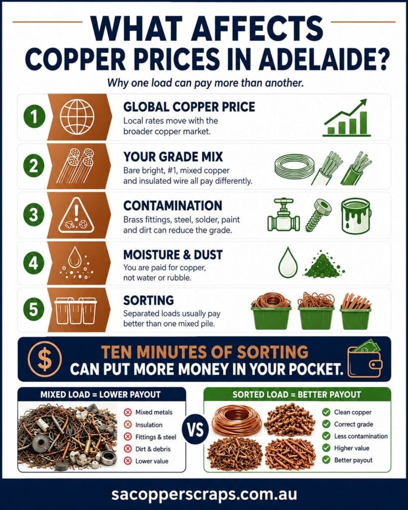 Factors that affect copper prices in Adelaide including market rate, grade mix, contamination, moisture and sorting