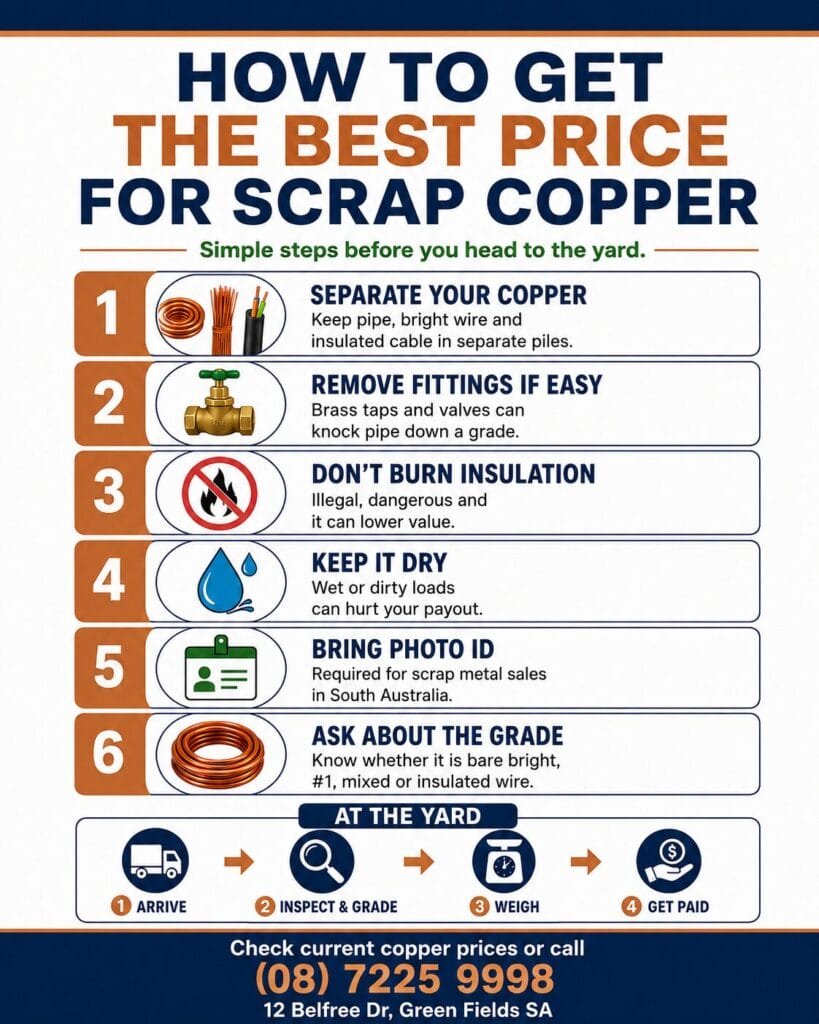 How to get the best price for scrap copper by sorting copper, removing fittings, keeping it dry and bringing photo ID