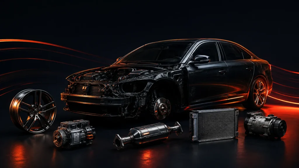 Car with salvageable parts including wheels, radiator and catalytic converter