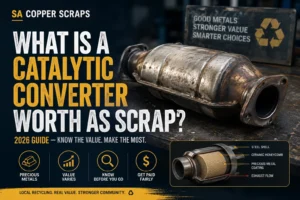 Used catalytic converter showing its ceramic honeycomb core with a guide explaining catalytic converter scrap value, precious metals, and recycling in Adelaide.