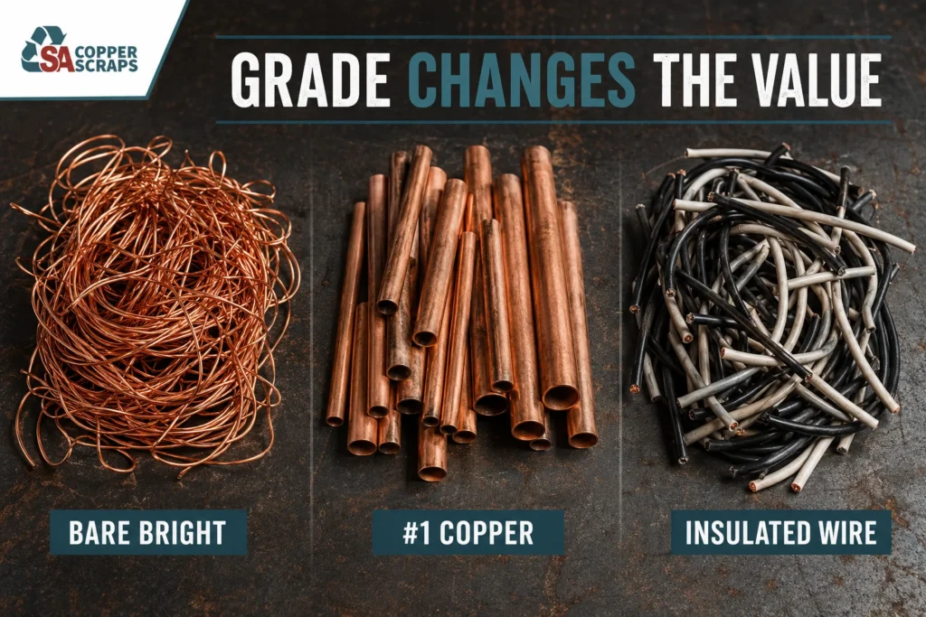 Comparison of bare bright copper, number one copper pipe and insulated copper wire scrap grades.