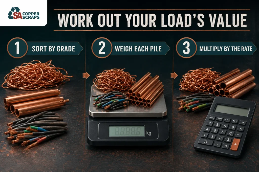 Three steps for estimating copper scrap value: sort by grade, weigh each pile and multiply by the current rate.