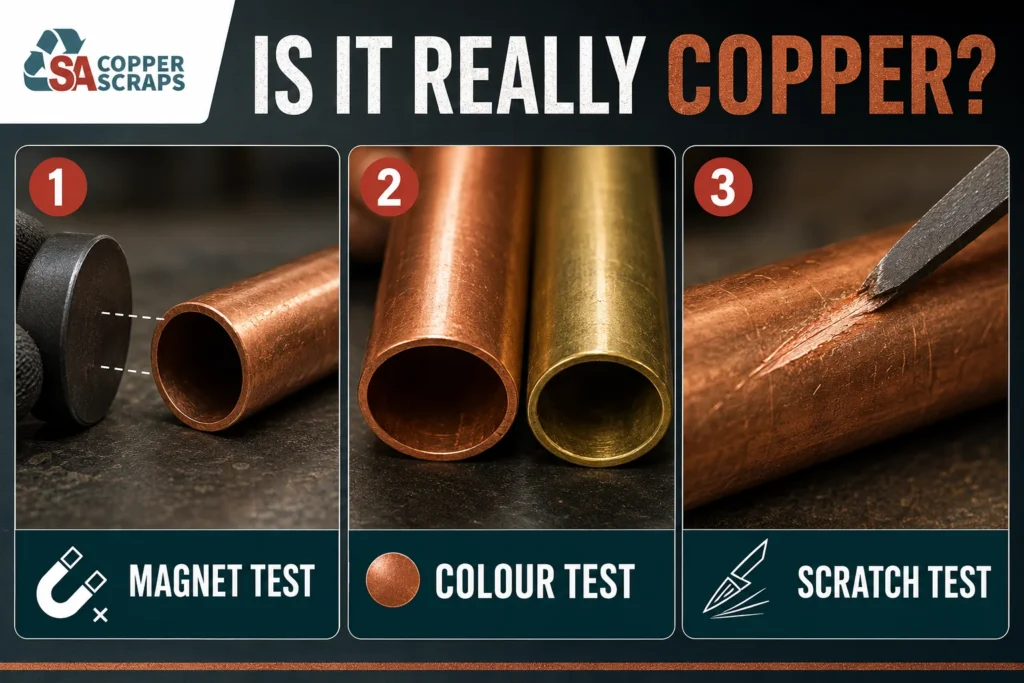 Magnet, colour and scratch tests used to identify solid copper and distinguish it from brass or plated metal.