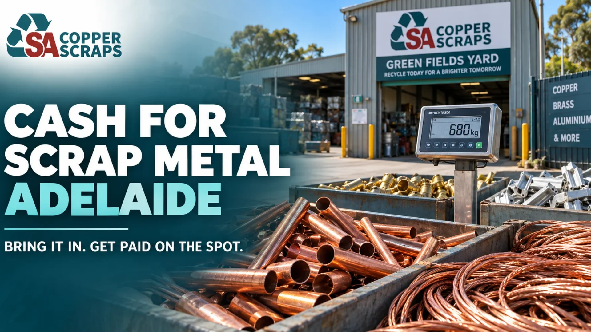 Copper pipes and cables being weighed at the SA Copper Scraps yard in Green Fields, Adelaide