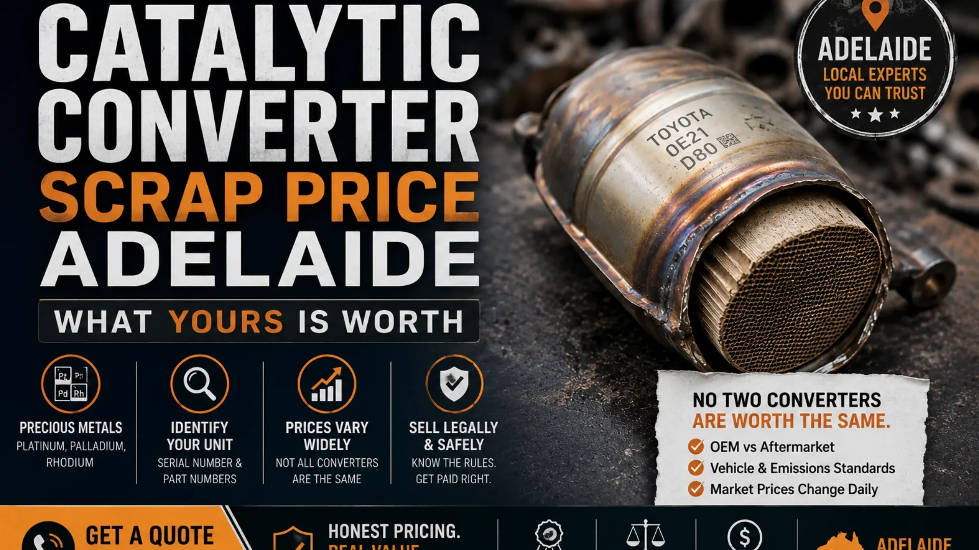 Featured image for Catalytic Converter Scrap Price Adelaide showing a used catalytic converter with exposed ceramic honeycomb and information about scrap value, precious metals, and recycling in Adelaide.