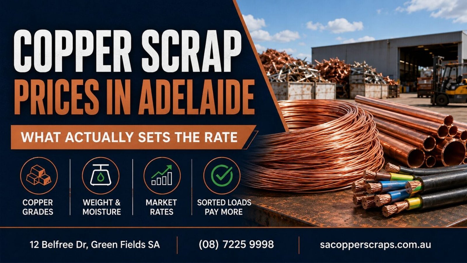 Copper scrap prices in Adelaide with sorted copper wire, pipe and cable at a scrap metal yard