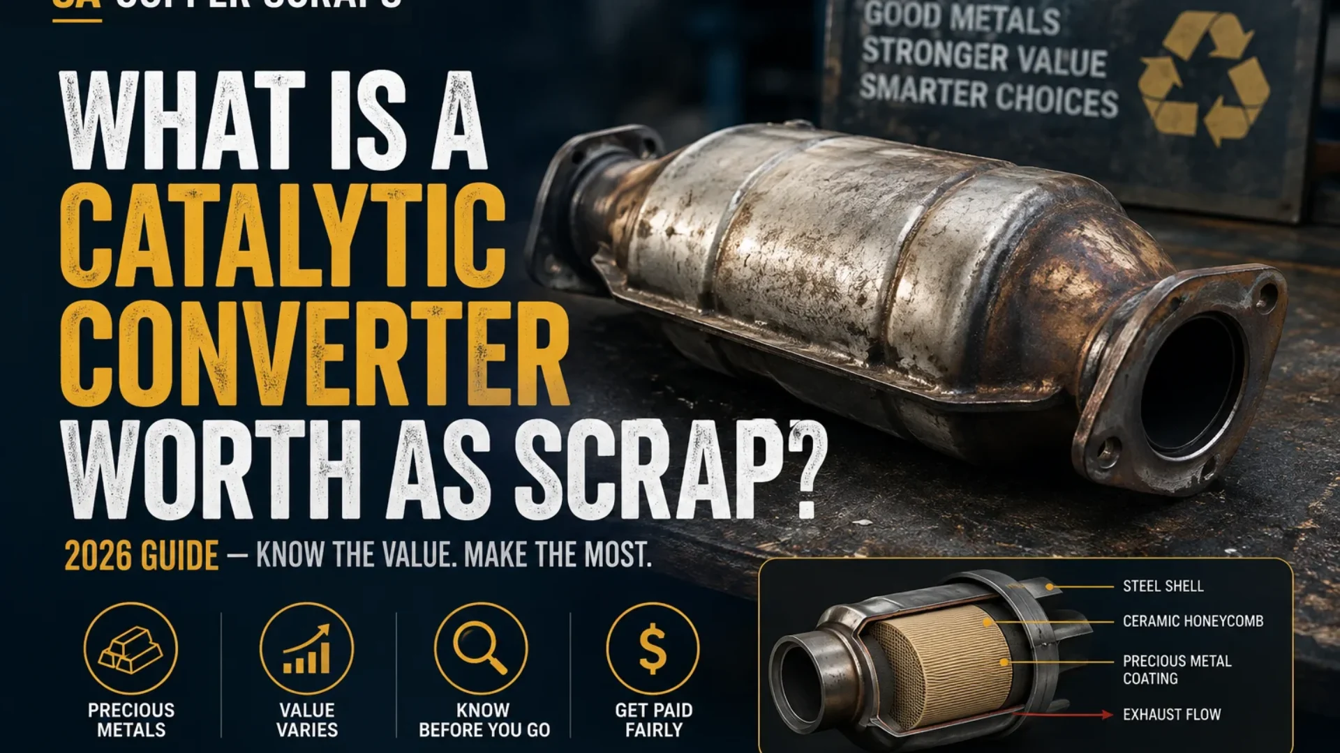 Used catalytic converter showing its ceramic honeycomb core with a guide explaining catalytic converter scrap value, precious metals, and recycling in Adelaide.