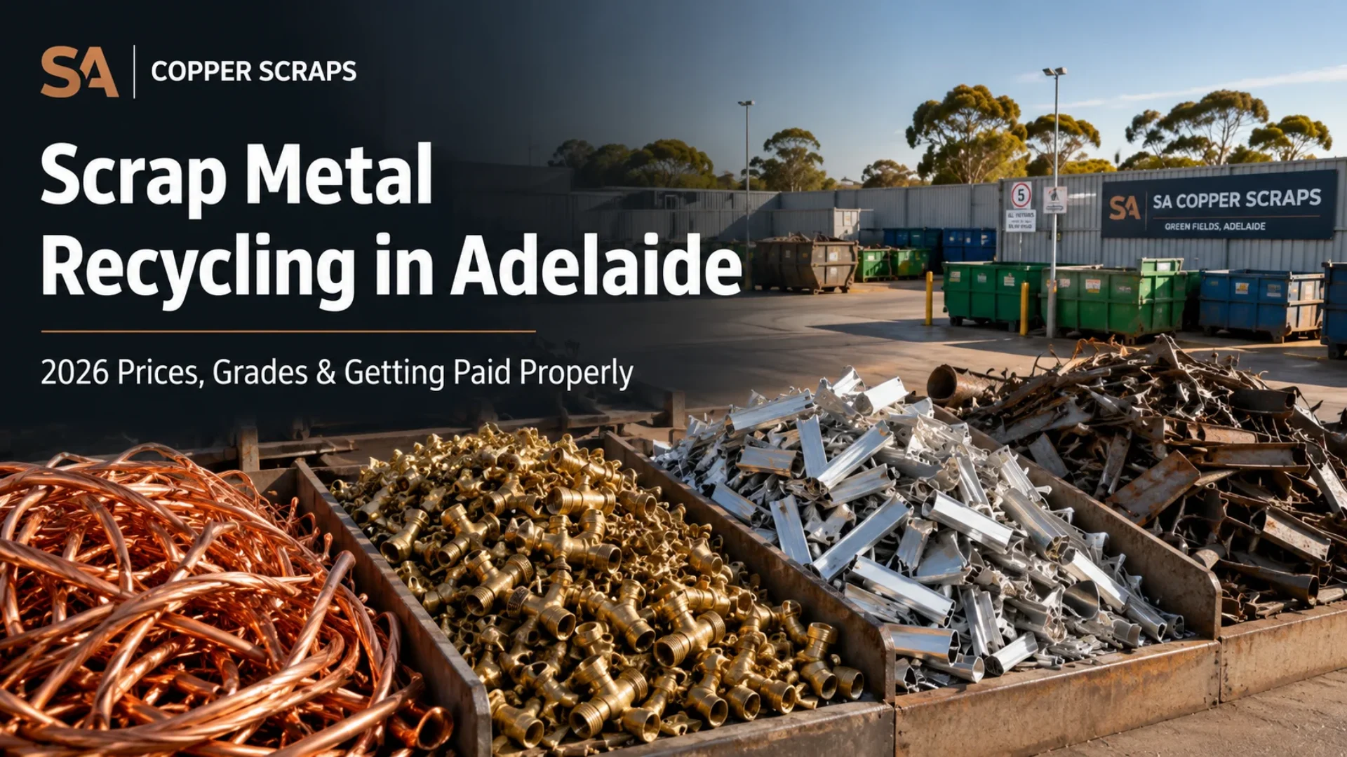 Sorted copper, brass, aluminium and steel at a scrap metal recycling yard in Adelaide
