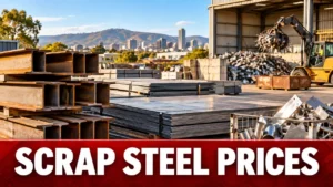 Sorted steel beams and sheet metal at an Adelaide scrap yard